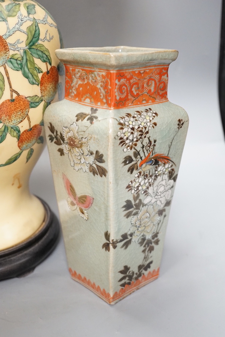 A Chinese porcelain lamp and a Japanese square baluster vase, 25.5cm